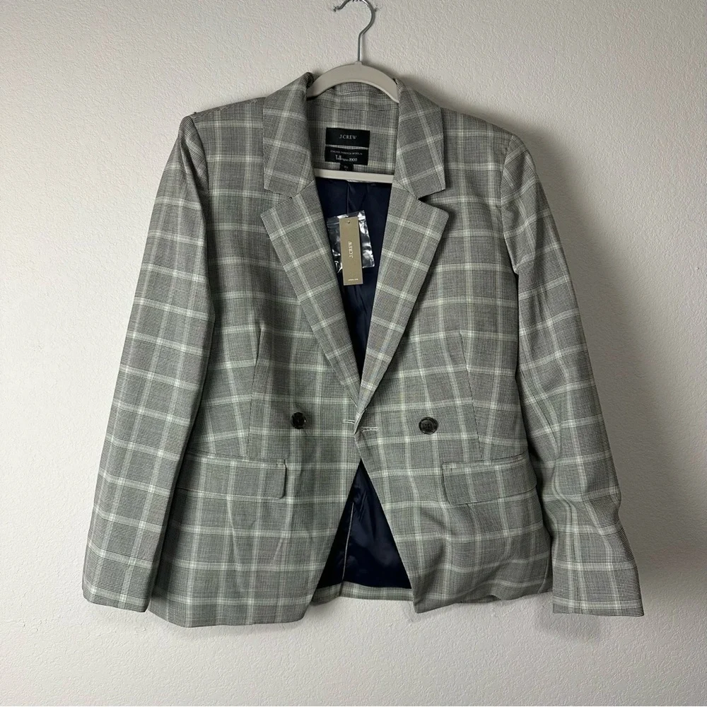 NEW J.Crew Mint Blue Gray Plaid Italian Stretch Wool Blend Devon Blazer Size 10